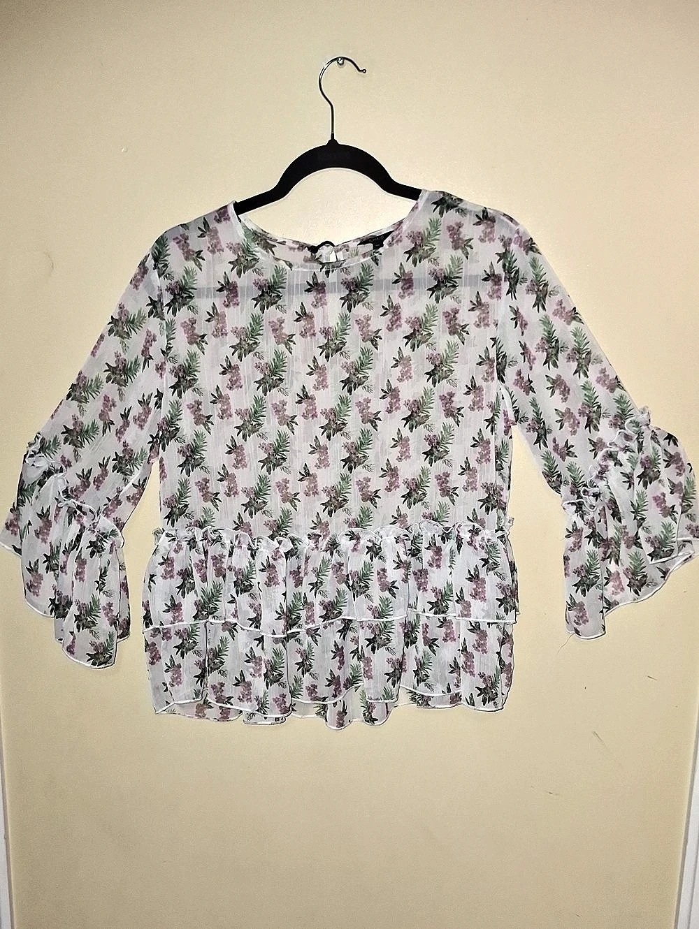 Buffalo David Bitton Floral Chiffon Peasant Blouse Tiered Peplum Top Size L